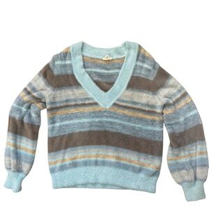 A.N.A Soft Girl Fuzzy Striped V-Neck Sweater Large Blue Brown Pastel Indie